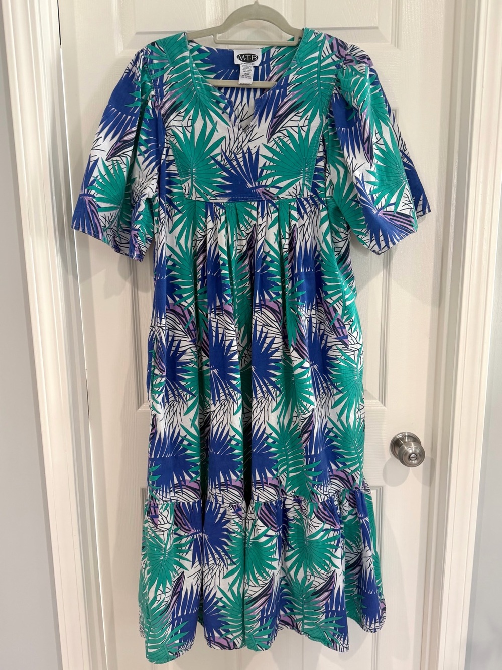 VTG MTB Tropical Palm Colorful Short Sleeve Mumu House Dress Sz L Cotton Pockets